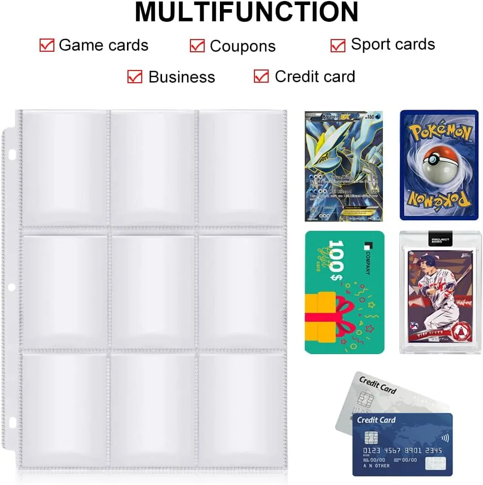 1800 Pockets Baseball Card Sleeves, FOME Double Side 9-Pocket Trading Card Sleeve Page Protector 3 Holes Game Card Sleeves Fit 3 Ring Binder for Trading Baseball Game Business Cards 100 Pages
