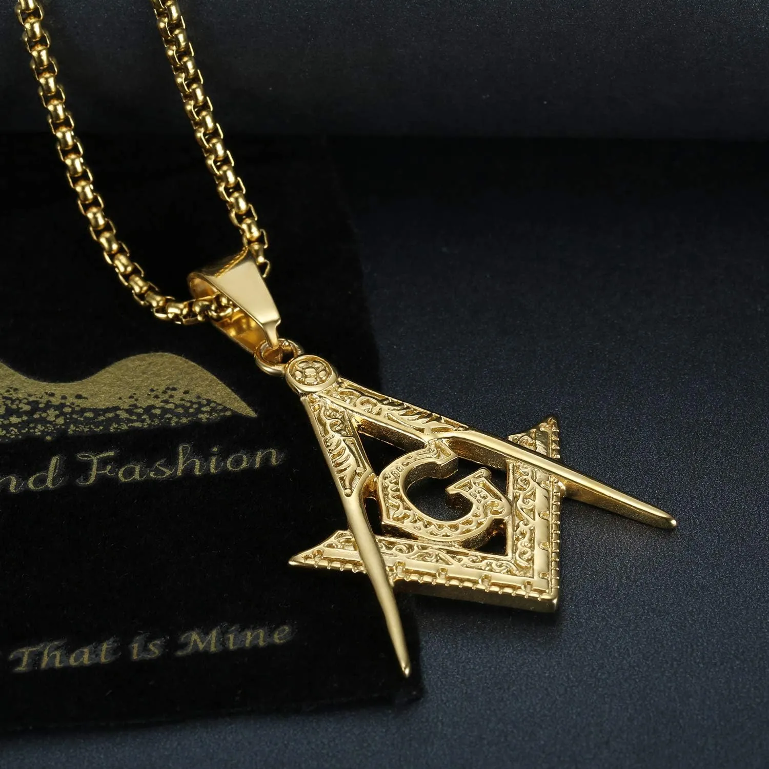 18K Gold Plated Freemason Symbol Pendant Stainless Steel Necklace for Men, 24 inch Chain Masonic Hip Hop Jewelry Gift