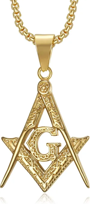 18K Gold Plated Freemason Symbol Pendant Stainless Steel Necklace for Men, 24 inch Chain Masonic Hip Hop Jewelry Gift