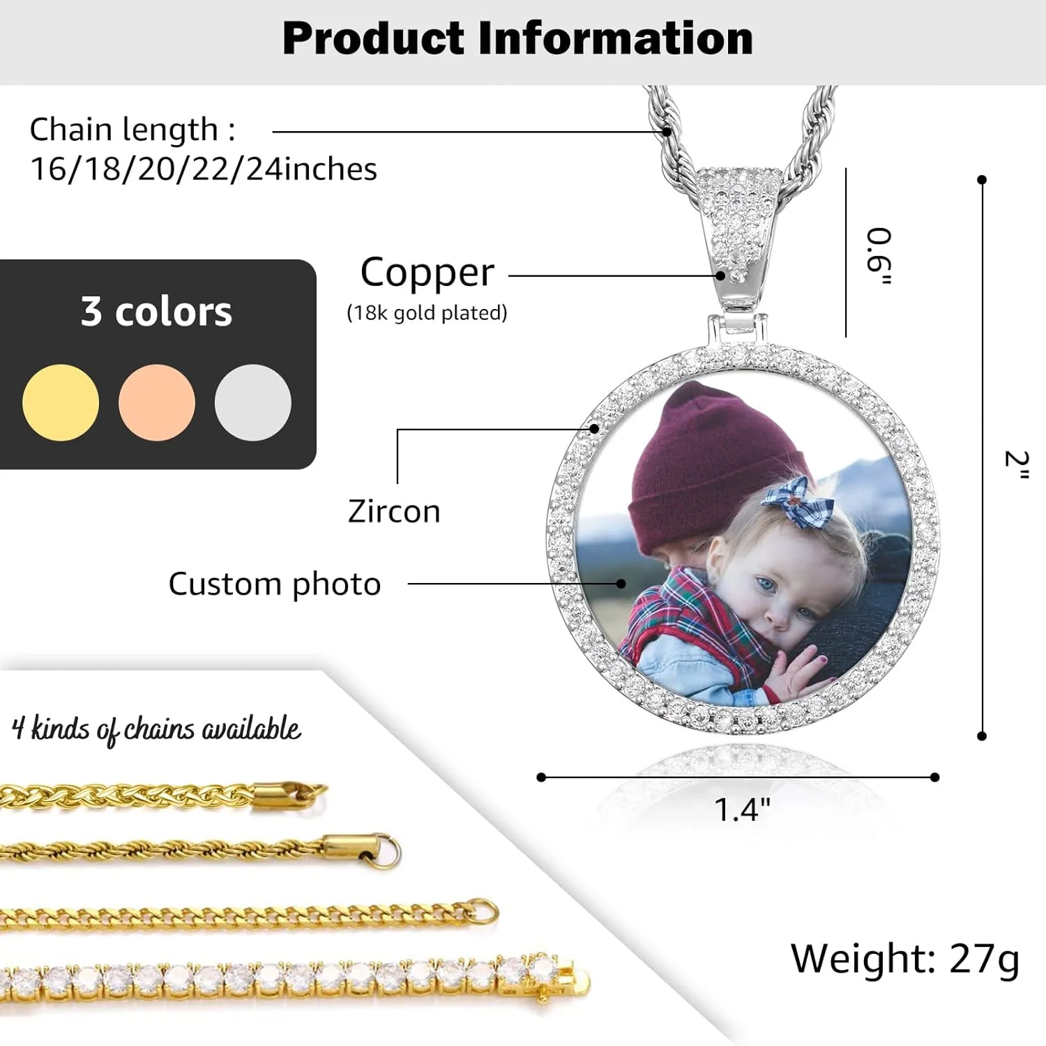 3UMeter Custom Necklace Picture Necklace Memory Pendant with Chain Personalized Photo Pendant Gifts for Him Gifts for Her 18k Gold Hip Hop Jewelry