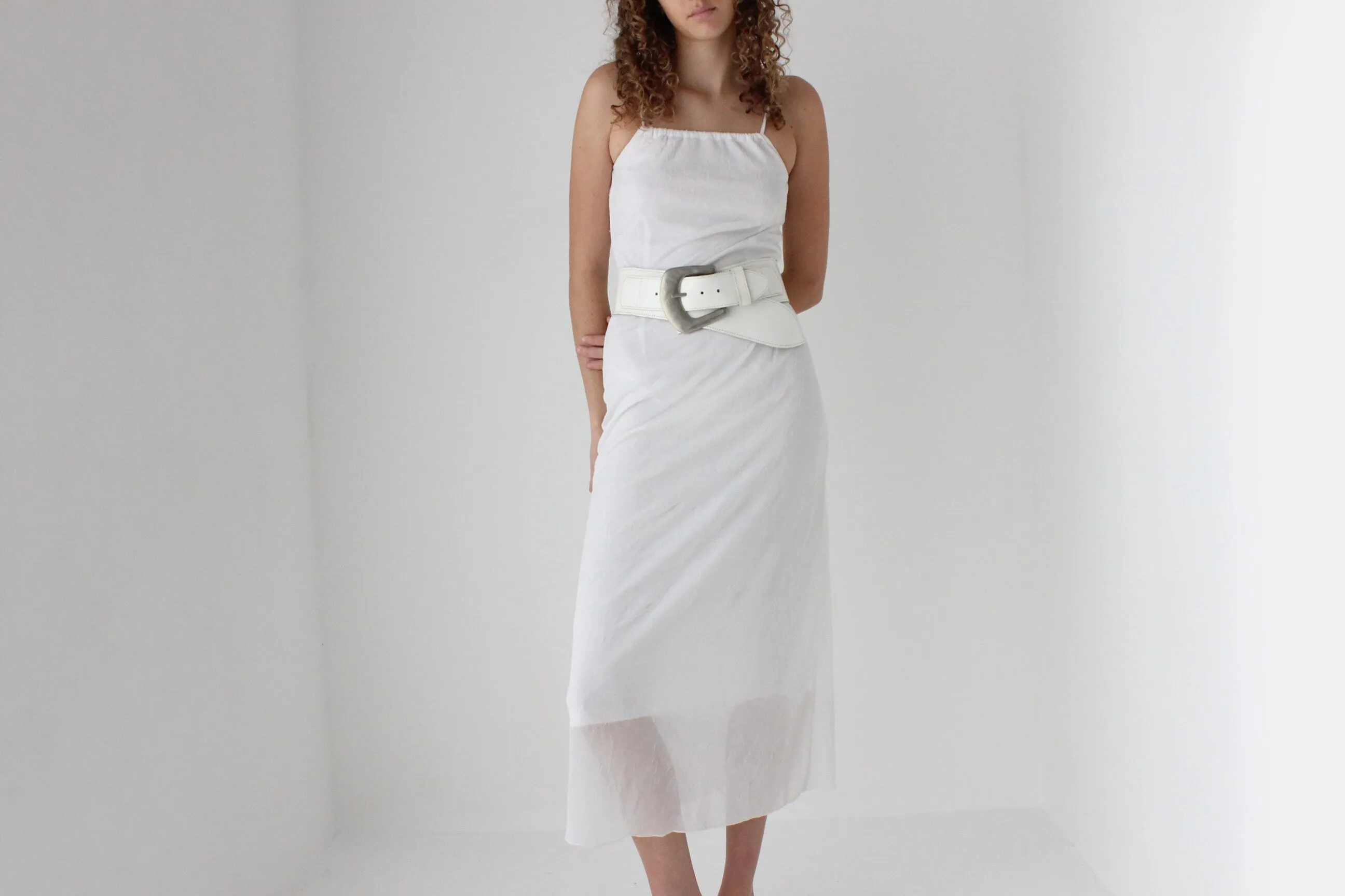 80s White Leather Belt w/ Oversized Silver Buckle
