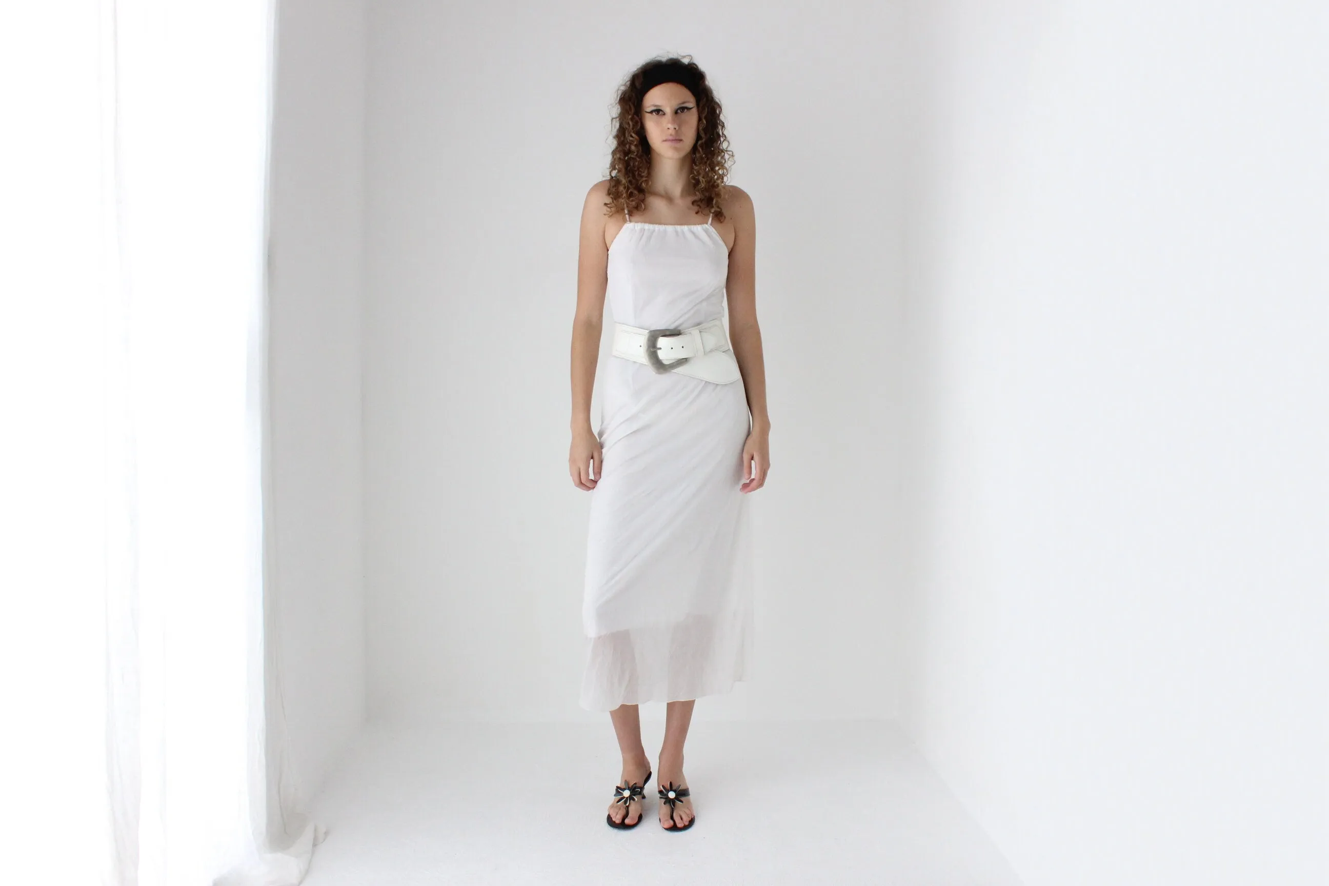 80s White Leather Belt w/ Oversized Silver Buckle