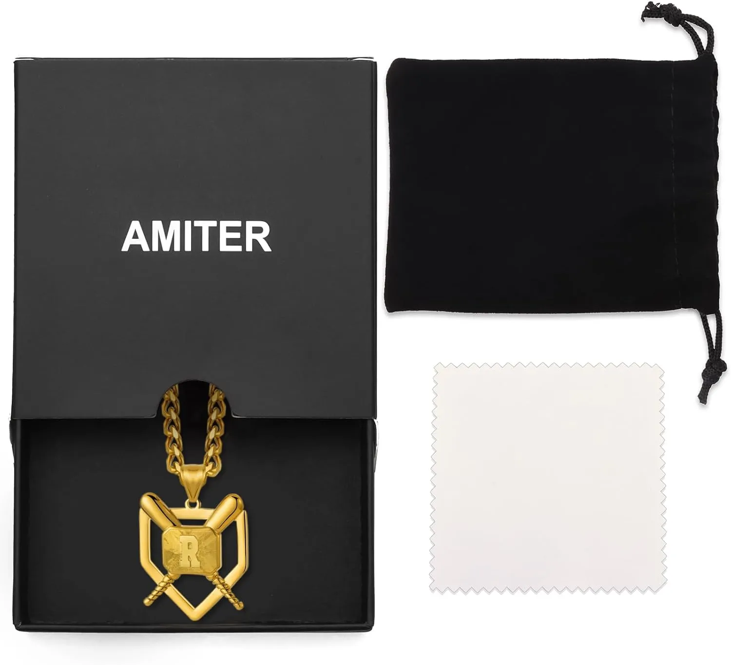AMITER Baseball Necklace with A-Z Letter, Personalized Baseball Bat & Shield Pendant Necklace for Men, 22 2 inch Chain, 18K Gold Painted
