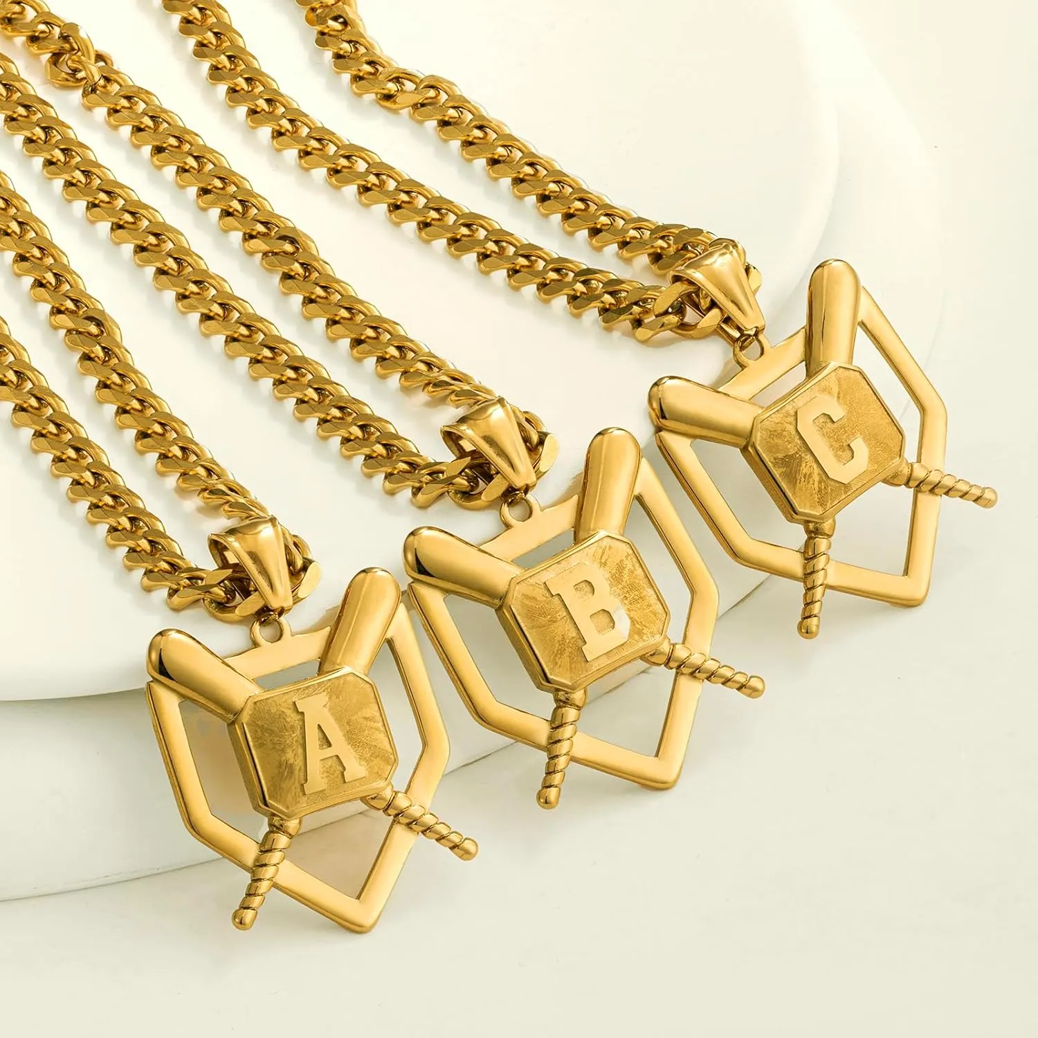 AMITER Baseball Necklace with A-Z Letter, Personalized Baseball Bat & Shield Pendant Necklace for Men, 22 2 inch Chain, 18K Gold Painted