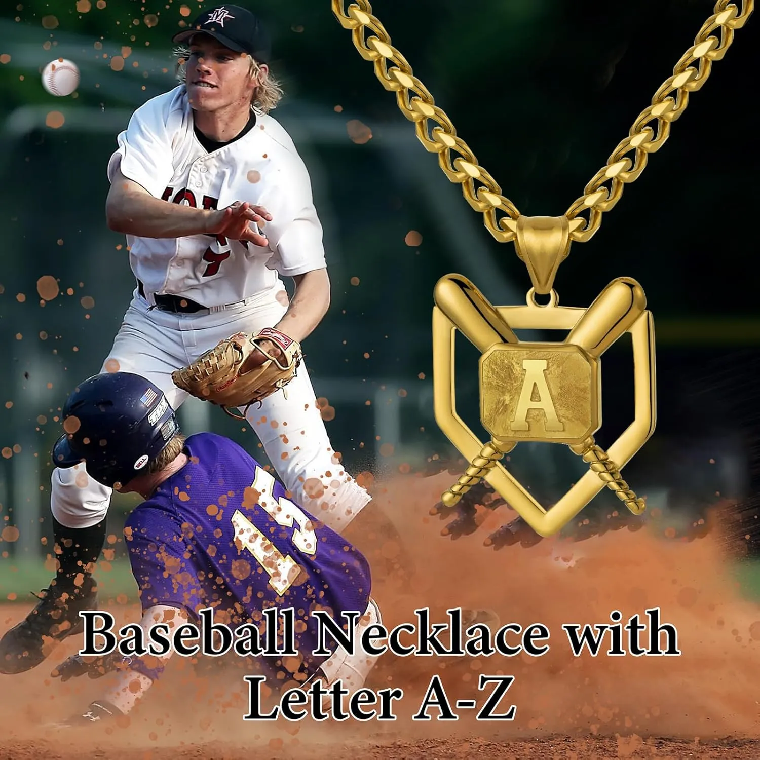 AMITER Baseball Necklace with A-Z Letter, Personalized Baseball Bat & Shield Pendant Necklace for Men, 22 2 inch Chain, 18K Gold Painted