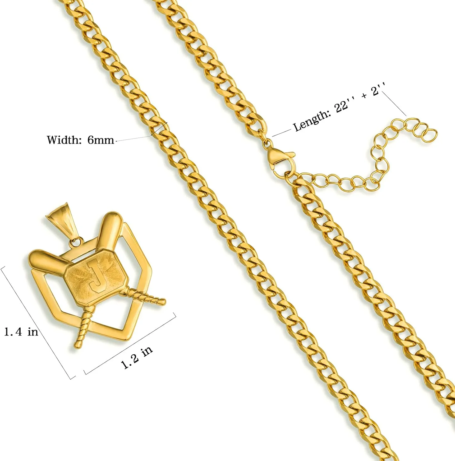 AMITER Baseball Necklace with A-Z Letter, Personalized Baseball Bat & Shield Pendant Necklace for Men, 22 2 inch Chain, 18K Gold Painted
