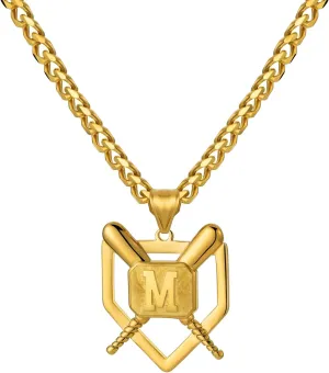 AMITER Baseball Necklace with A-Z Letter, Personalized Baseball Bat & Shield Pendant Necklace for Men, 22 2 inch Chain, 18K Gold Painted
