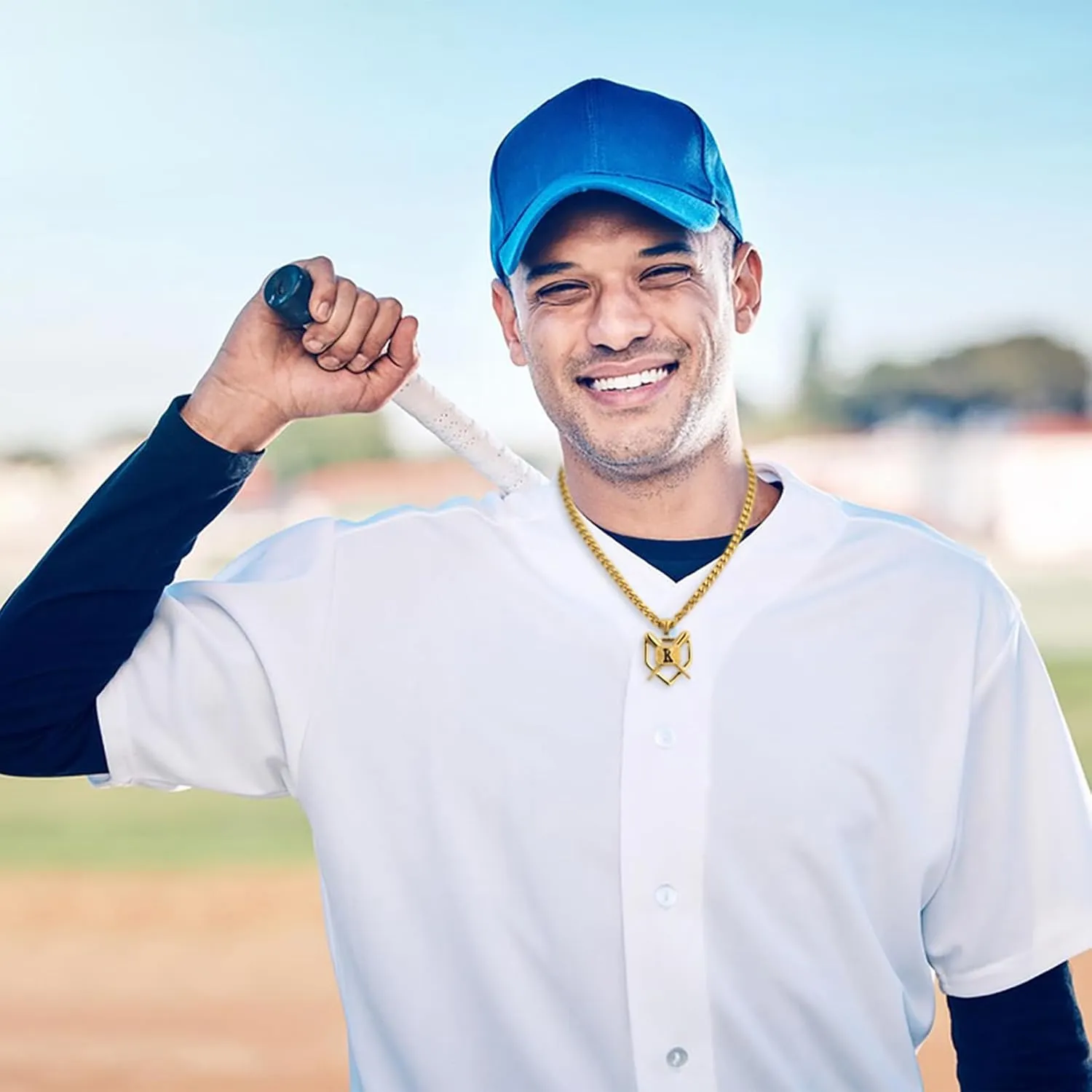 AMITER Baseball Necklace with A-Z Letter, Personalized Baseball Bat & Shield Pendant Necklace for Men, 22 2 inch Chain, 18K Gold Painted