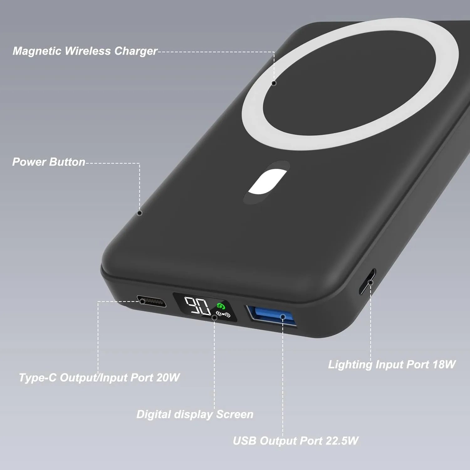 AOGUERBE Magnetic Power Bank, 10000mAh Foldable Wireless Portable Charger with USB-C Cable LED Display, for Mag-Safe Battery Pack 22.5W PD Fast Charging for iPhone 16/15/14/13/12 Pro/Pro Max/Plus/Mini