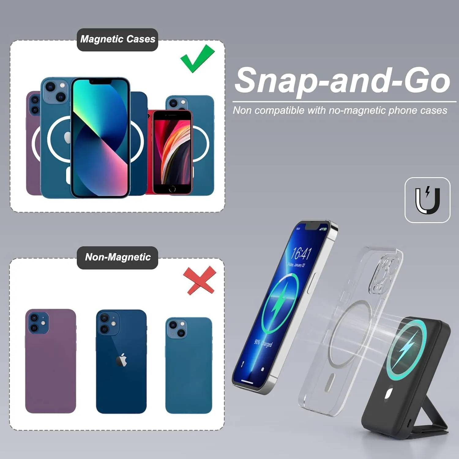 AOGUERBE Magnetic Power Bank, 10000mAh Foldable Wireless Portable Charger with USB-C Cable LED Display, for Mag-Safe Battery Pack 22.5W PD Fast Charging for iPhone 16/15/14/13/12 Pro/Pro Max/Plus/Mini