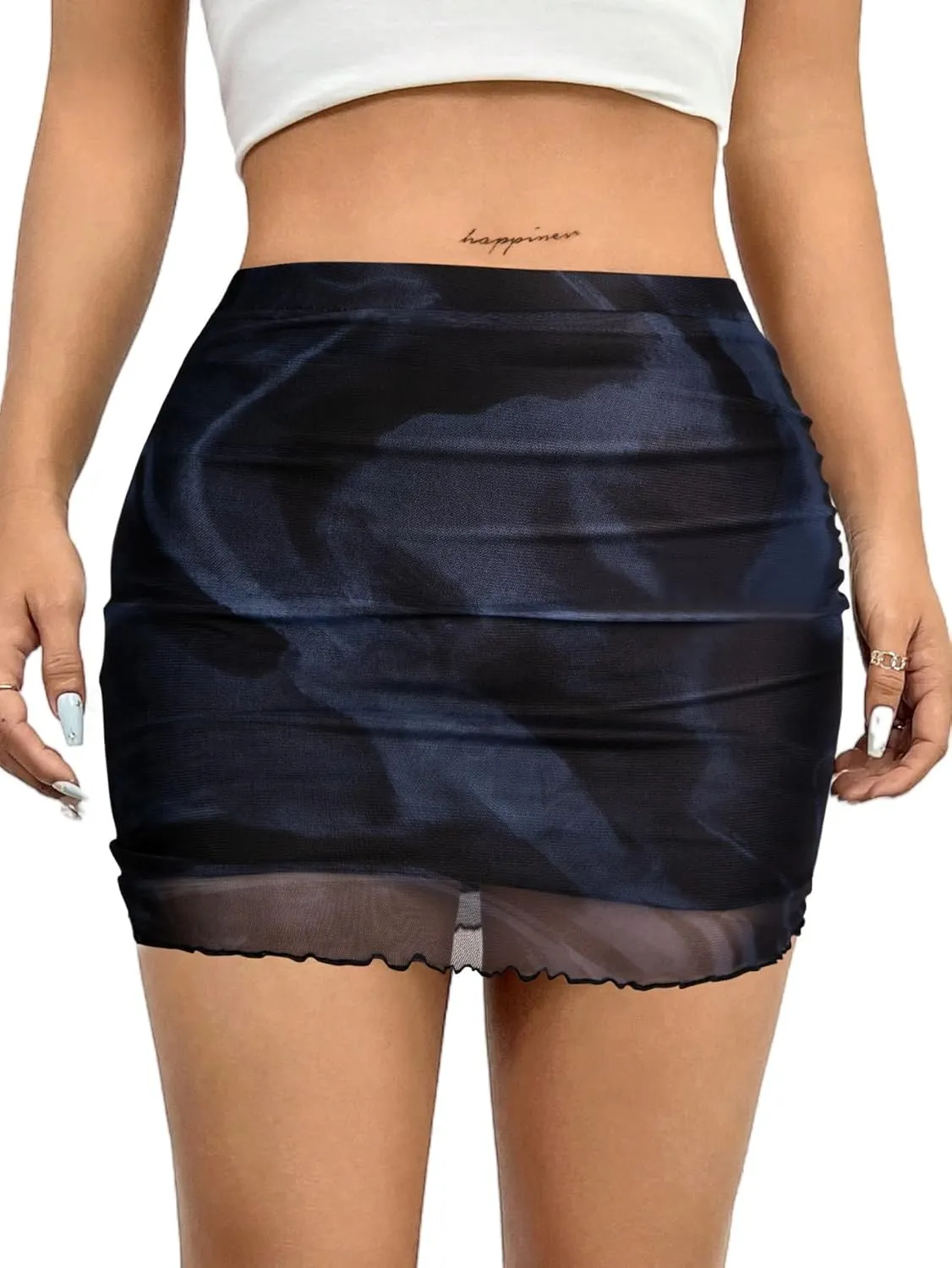 Avanova Women Mesh Bodycon Mini Skirt High Waist Ruched Summer Short Skirt
