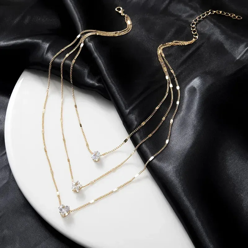 Beautiful Rhinestone Love Heart Star Drop Pendant Necklaces for Women Girls Silver Gold Color Multilayer Thin Chain Choker 3pcs Set Neck Jewelry