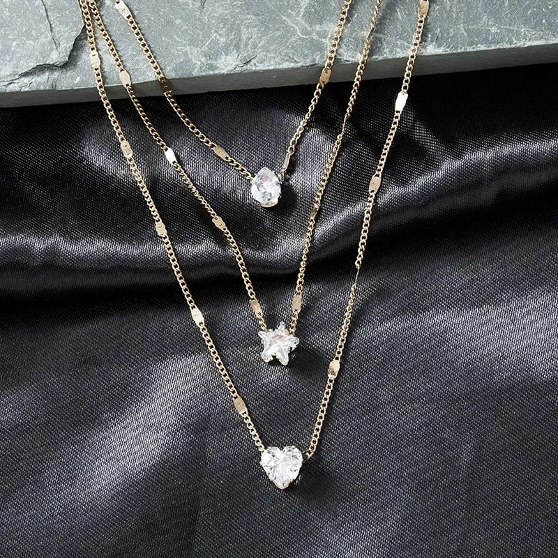 Beautiful Rhinestone Love Heart Star Drop Pendant Necklaces for Women Girls Silver Gold Color Multilayer Thin Chain Choker 3pcs Set Neck Jewelry
