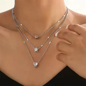 Beautiful Rhinestone Love Heart Star Drop Pendant Necklaces for Women Girls Silver Gold Color Multilayer Thin Chain Choker 3pcs Set Neck Jewelry