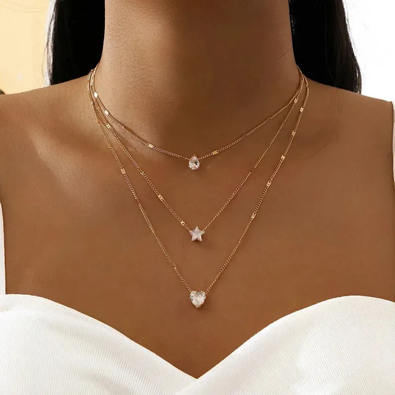 Beautiful Rhinestone Love Heart Star Drop Pendant Necklaces for Women Girls Silver Gold Color Multilayer Thin Chain Choker 3pcs Set Neck Jewelry