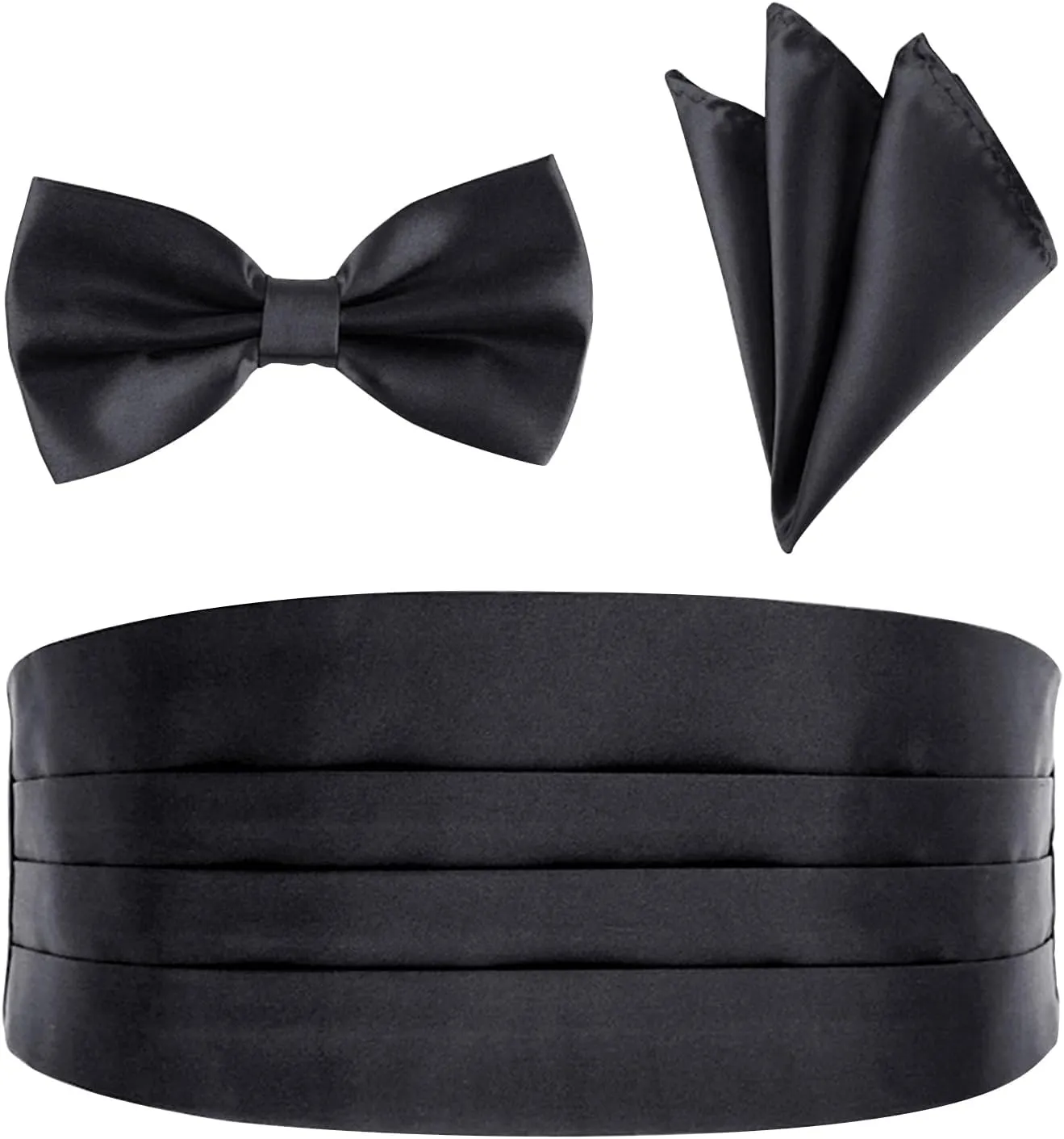 BlingKingdom Men's Satin Cummerbund Pretied Bow Tie Breast Pocket Handkerchief Set for Special Occassions