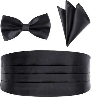 BlingKingdom Men's Satin Cummerbund Pretied Bow Tie Breast Pocket Handkerchief Set for Special Occassions