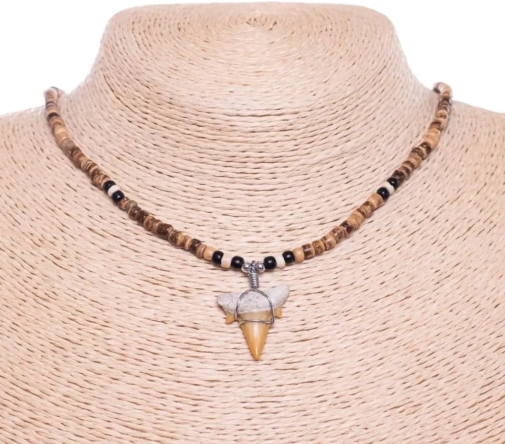 BlueRica Shark Tooth Pendant on Coconut Beads Necklace (1S)