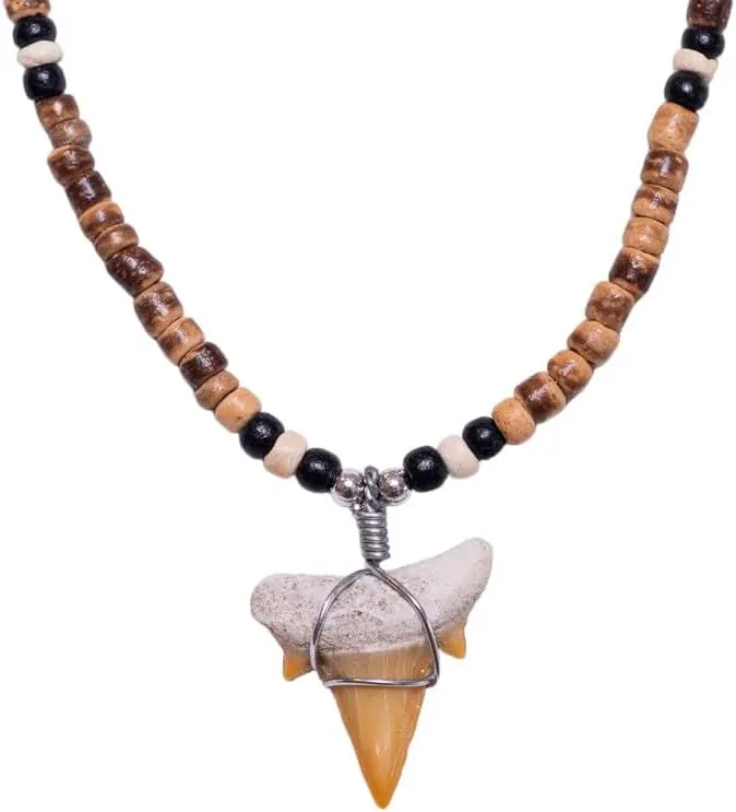 BlueRica Shark Tooth Pendant on Coconut Beads Necklace (1S)