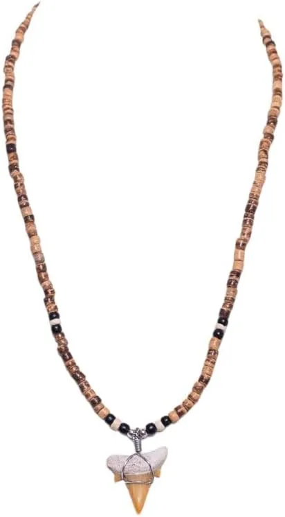BlueRica Shark Tooth Pendant on Coconut Beads Necklace (1S)