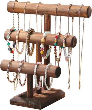 Bracelet Holder, 3-Tier Bracelet Display Stand for Vendors, T-Bar Necklace Scrunchie Wooden Storage Rack, Bangle Watch Jewelry Display Tower