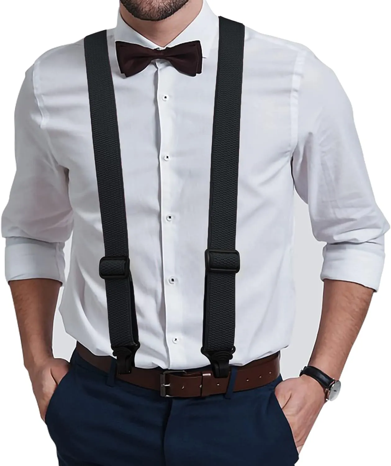 Buyless Fashion Heavy Duty Suspenders for Men - 48" Adjustable Straps 1 1/2" - X Back with Black Plastic Clips