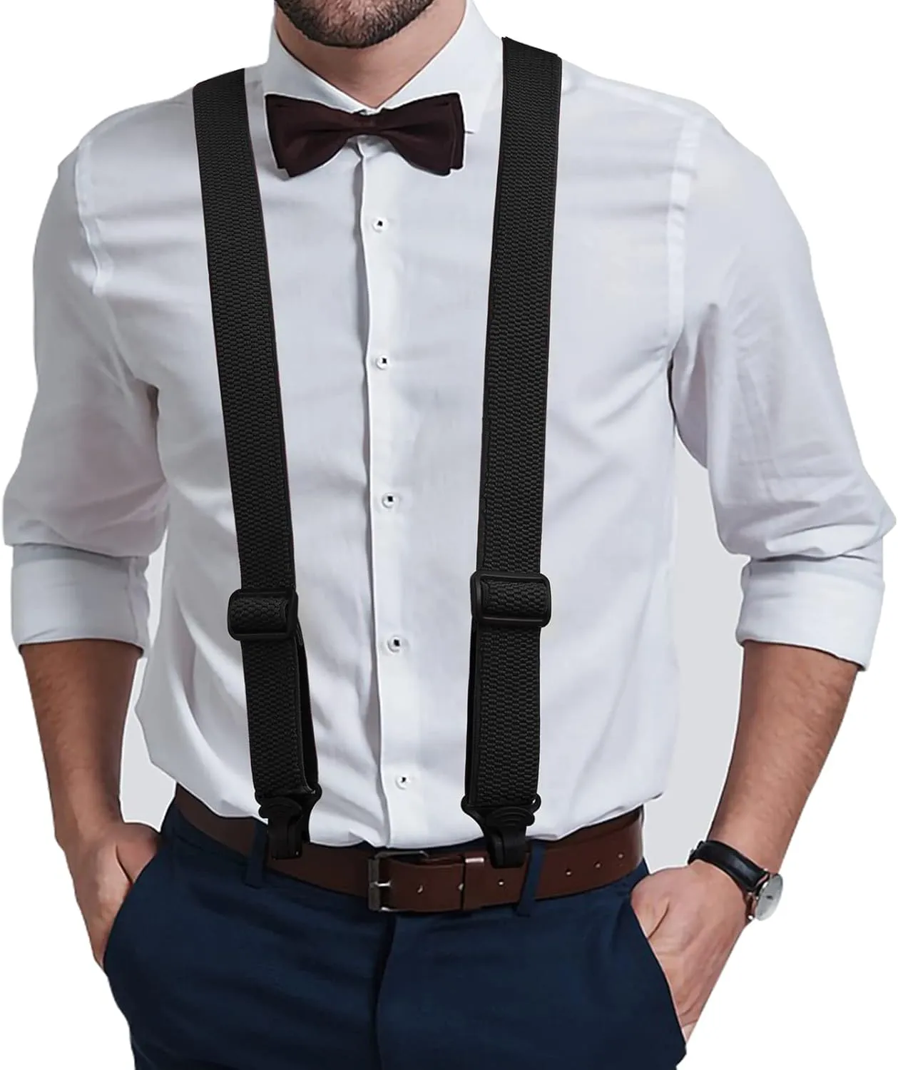Buyless Fashion Heavy Duty Suspenders for Men - 48" Adjustable Straps 1 1/2" - X Back with Black Plastic Clips