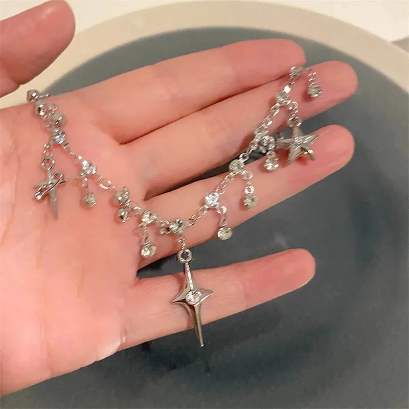 Crystal Zircon Cross Tassel Pendant Necklace