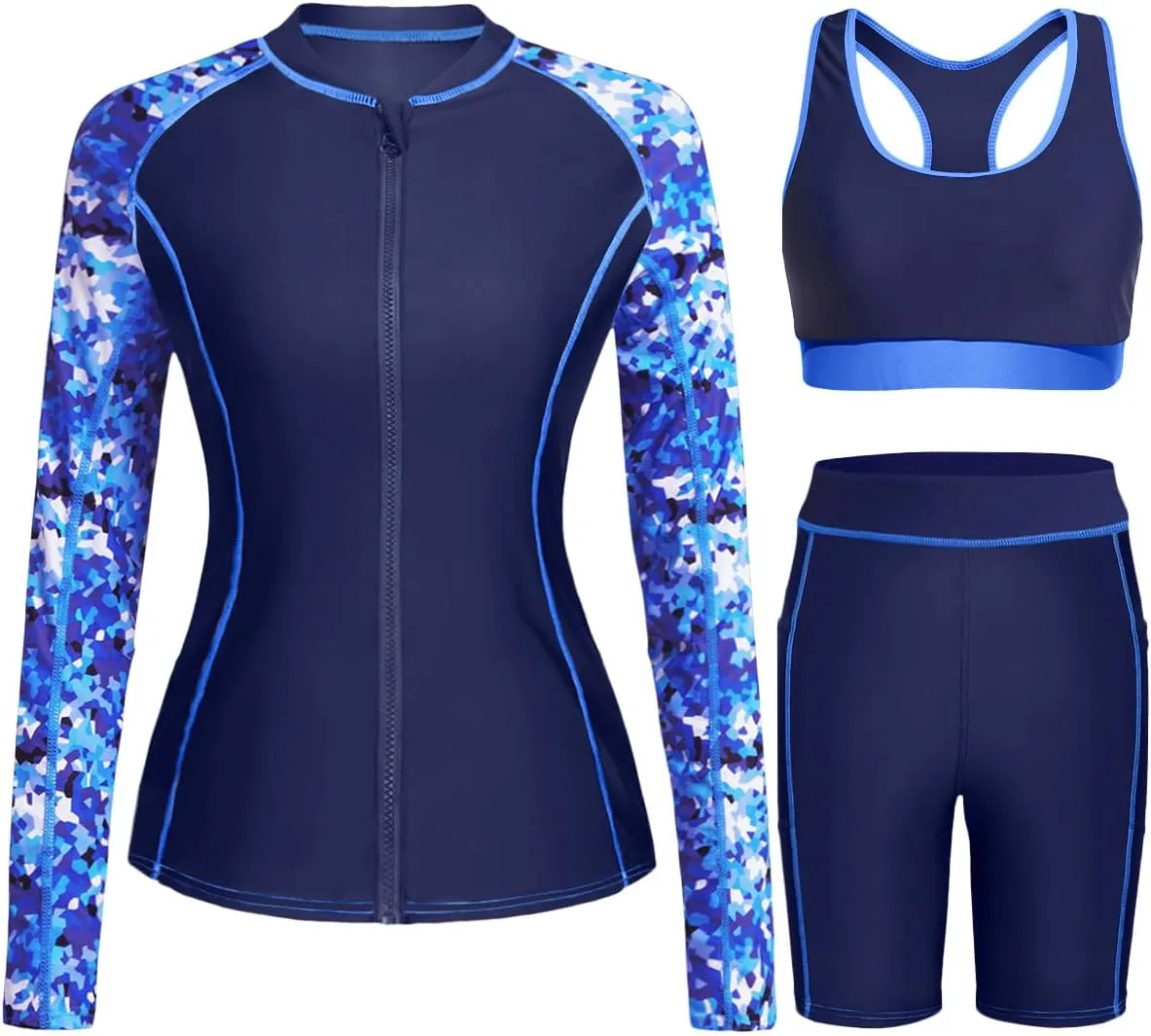Daci Women Three Piece Rash Guard - 3PC Long Sleeve Zip up Swim Shirt Sports Bra with Boyleg Shorts