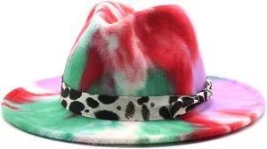 DHAEY Autumn and Winter Tie-Dyed Colored Wool Fashion Flat Brim Jazz Hat European and American Style New Felt Hat Luopan Caps & Hats (Color : Rose Red, Size : 56-58cm)