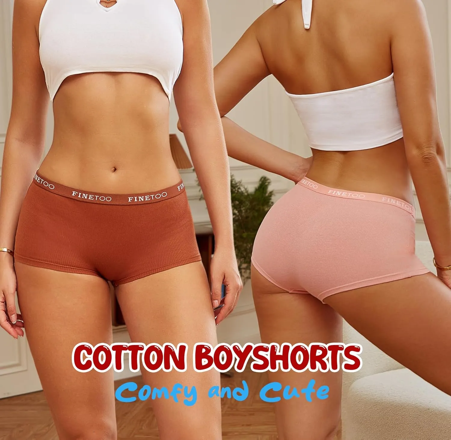FINETOO Boyshort Underwear for Women Cotton Boxer Briefs Full Coverage Ladies BoyShorts Panties 5 Pack