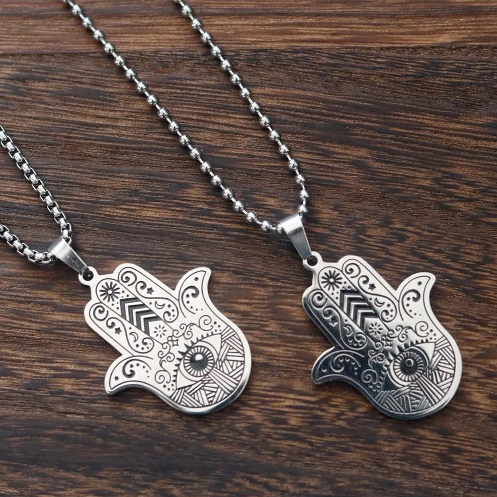 Hamsa Hand of Fatima Evil Eye Pendant Necklace Stainless Steel Lucky Protection Prayer Necklace for Women Men Gift