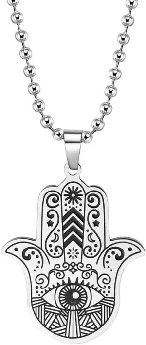 Hamsa Hand of Fatima Evil Eye Pendant Necklace Stainless Steel Lucky Protection Prayer Necklace for Women Men Gift