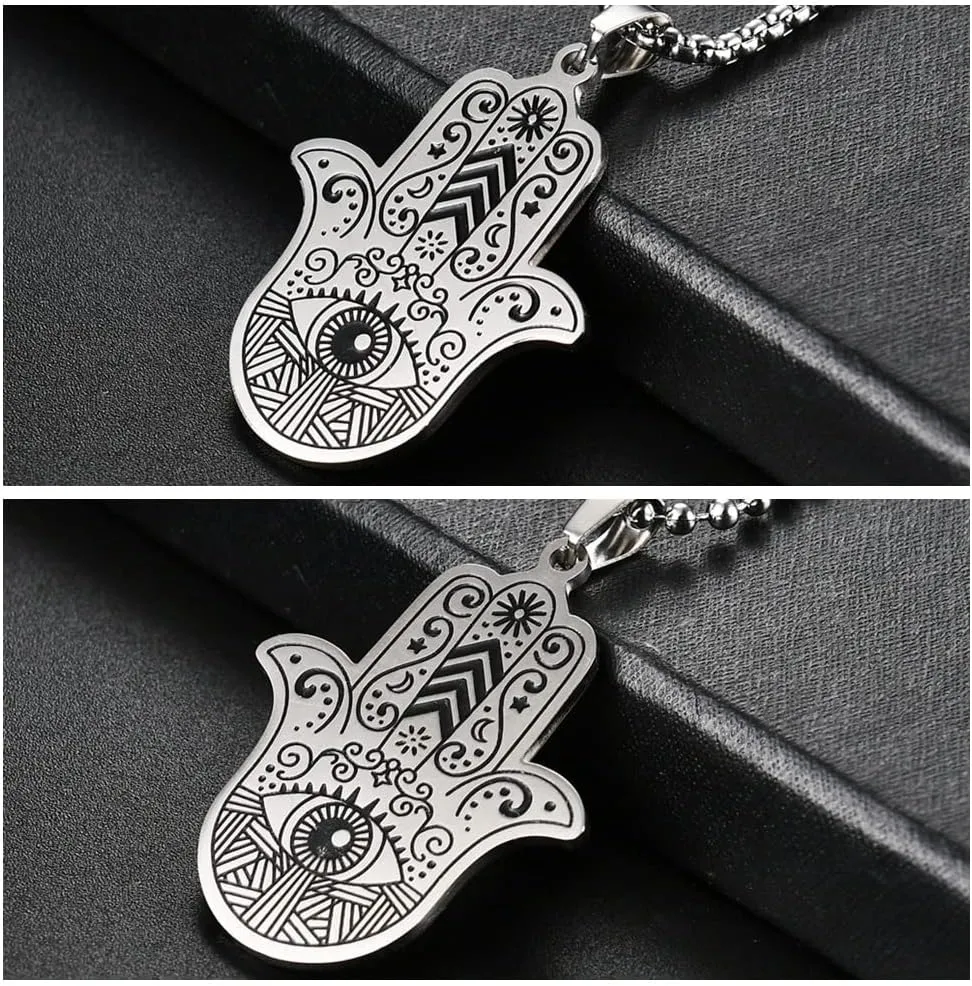 Hamsa Hand of Fatima Evil Eye Pendant Necklace Stainless Steel Lucky Protection Prayer Necklace for Women Men Gift