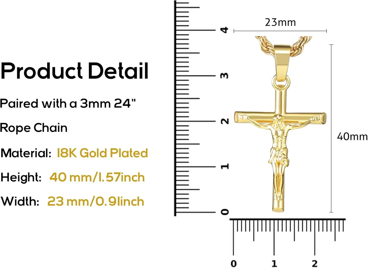 HELLOICE Crucifix Cross Necklace 18K Gold Plated Cross Pendant with 3mm 22" Rope Chain for Men Women
