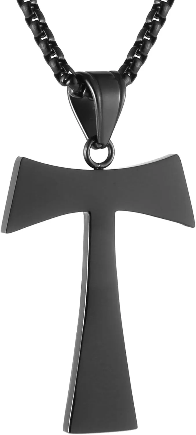 HZMAN Christian Tau Tao Cross Franciscan Stainless Steel Pendant Necklacee 22 2 Inch, 3 Colors
