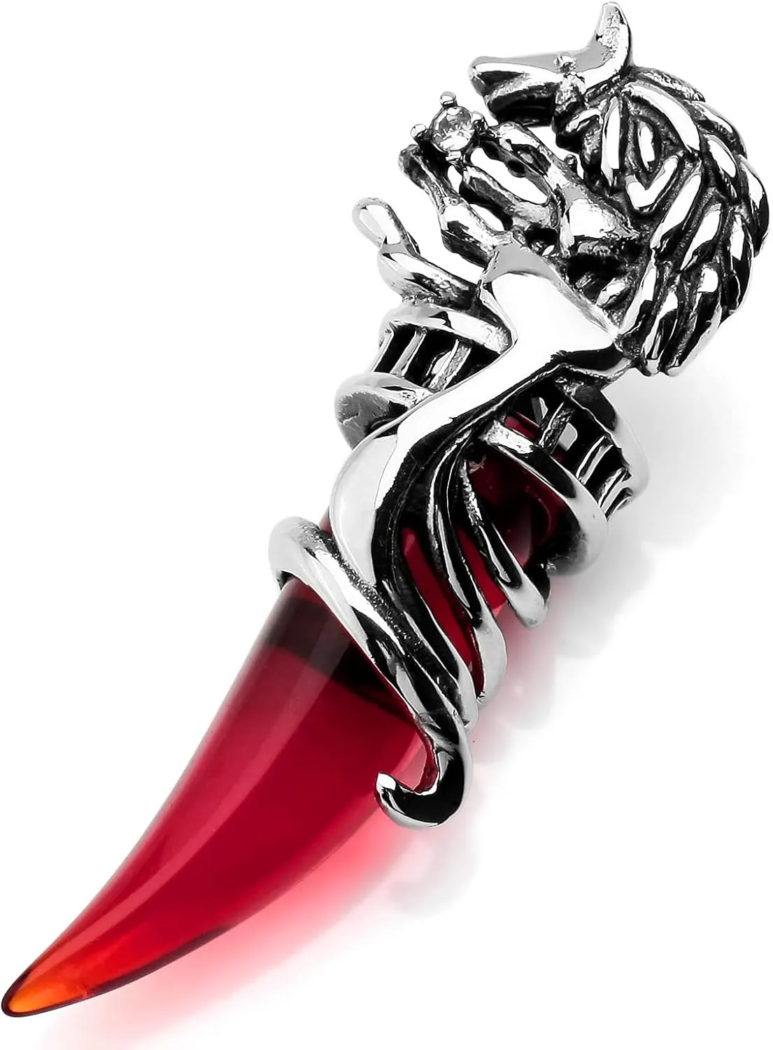 INBLUE Dragon Wolf Tooth Pendant for Men Women Stainless Steel Cool Necklaces Simulate Crystal Gemstone Boyfriend Gifts Jewelry with 23 Inches Chain