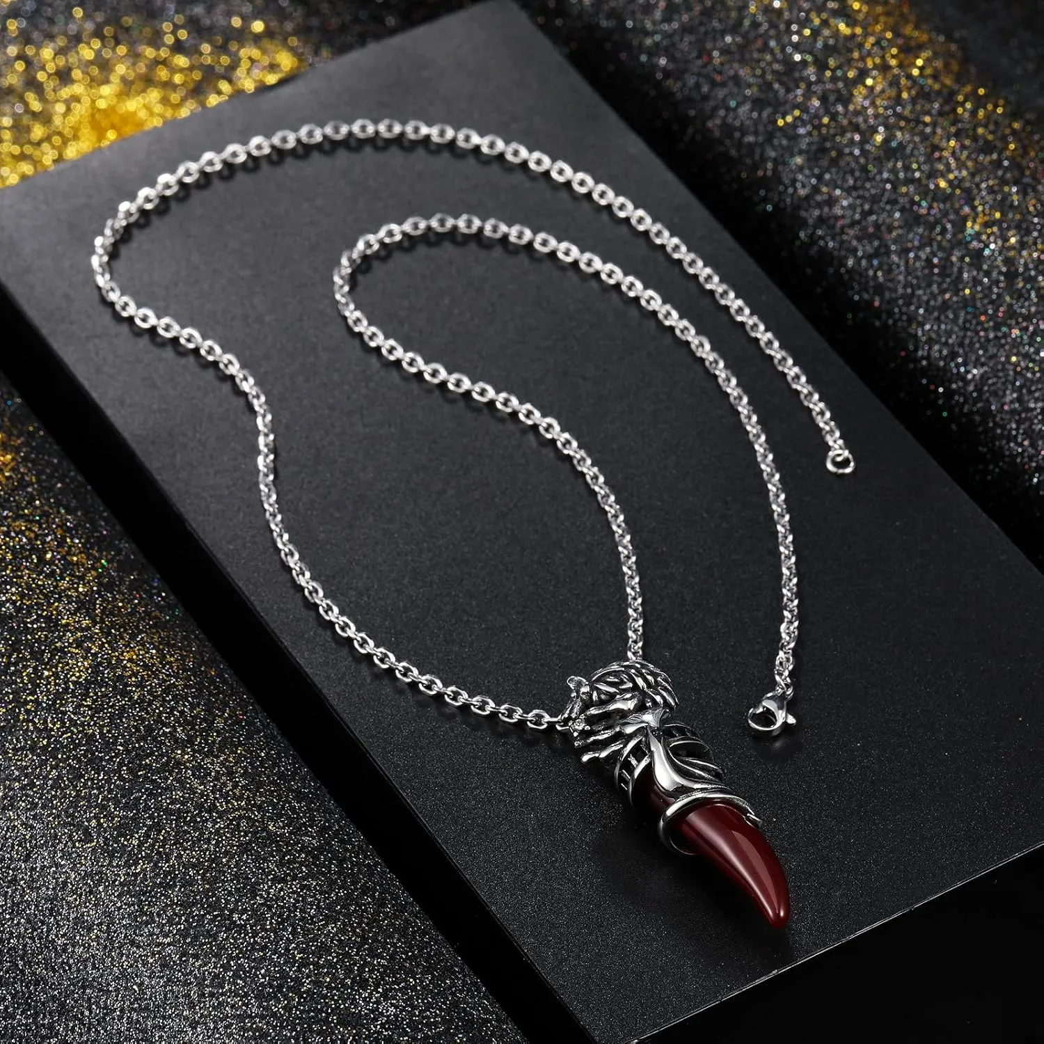 INBLUE Dragon Wolf Tooth Pendant for Men Women Stainless Steel Cool Necklaces Simulate Crystal Gemstone Boyfriend Gifts Jewelry with 23 Inches Chain