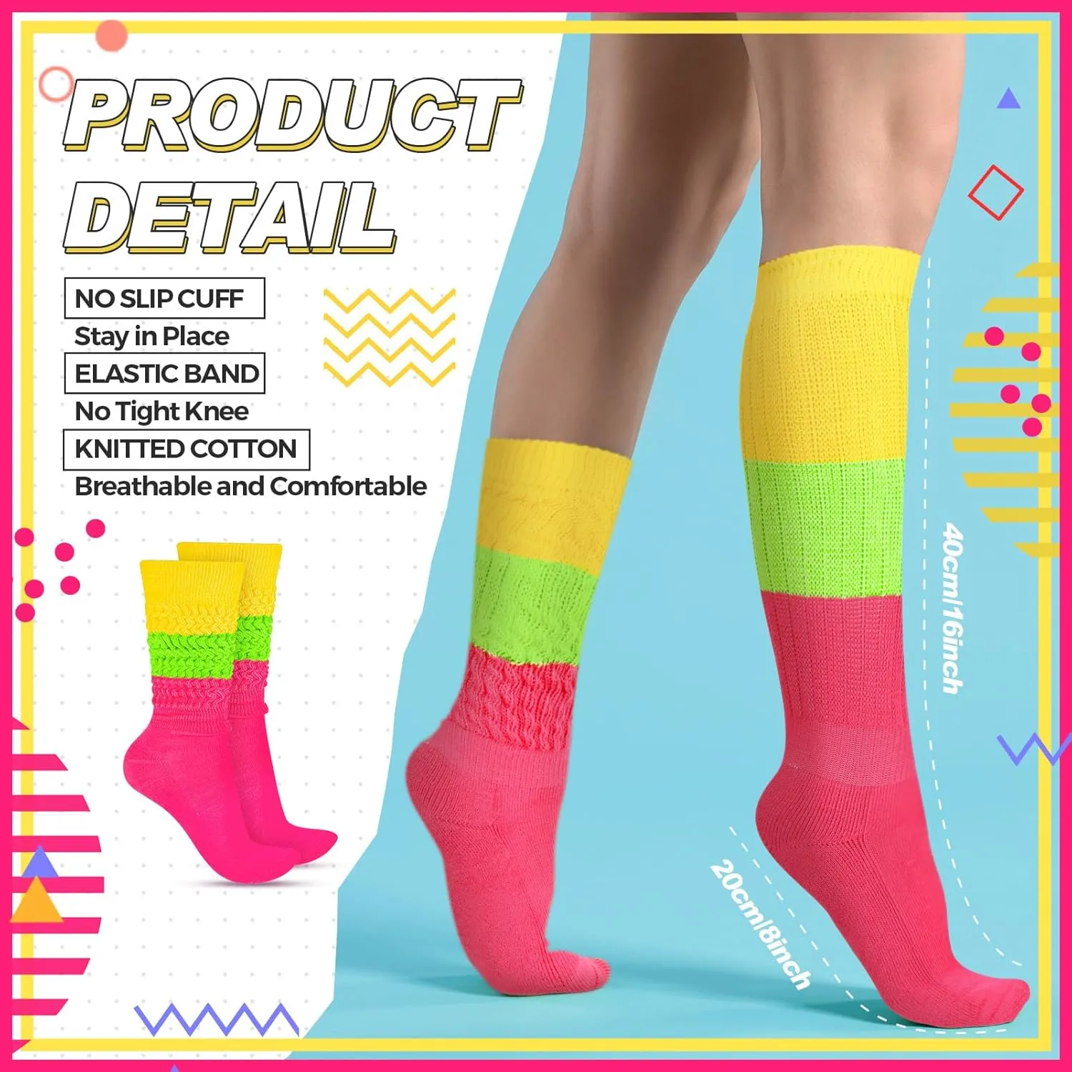 JenPen 2 Pairs Neon Slouch Socks for Women 80s 90s Scrunch Socks Soft Extra Long Size 9 to 10
