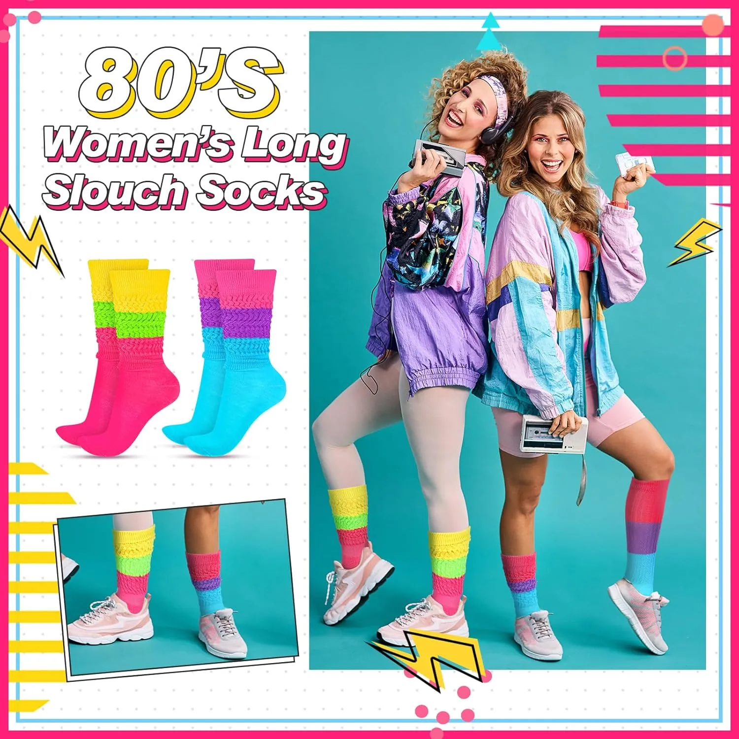 JenPen 2 Pairs Neon Slouch Socks for Women 80s 90s Scrunch Socks Soft Extra Long Size 9 to 10