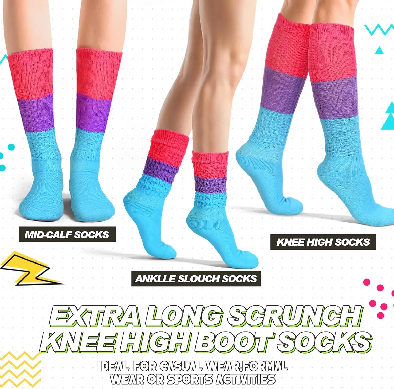 JenPen 2 Pairs Neon Slouch Socks for Women 80s 90s Scrunch Socks Soft Extra Long Size 9 to 10