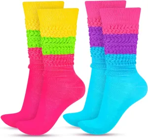 JenPen 2 Pairs Neon Slouch Socks for Women 80s 90s Scrunch Socks Soft Extra Long Size 9 to 10
