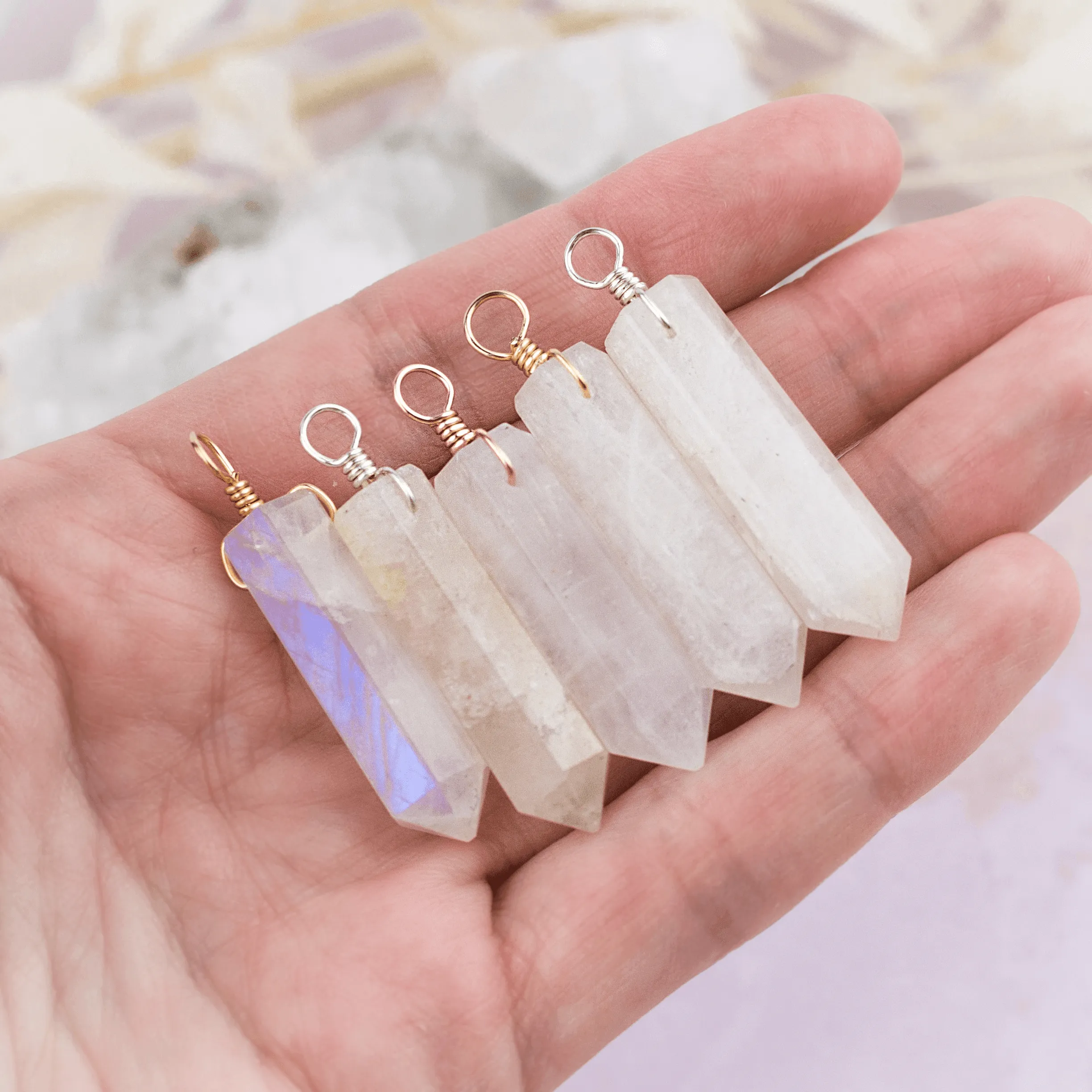 Large Rainbow Moonstone Crystal Tower Point Generator Pendant