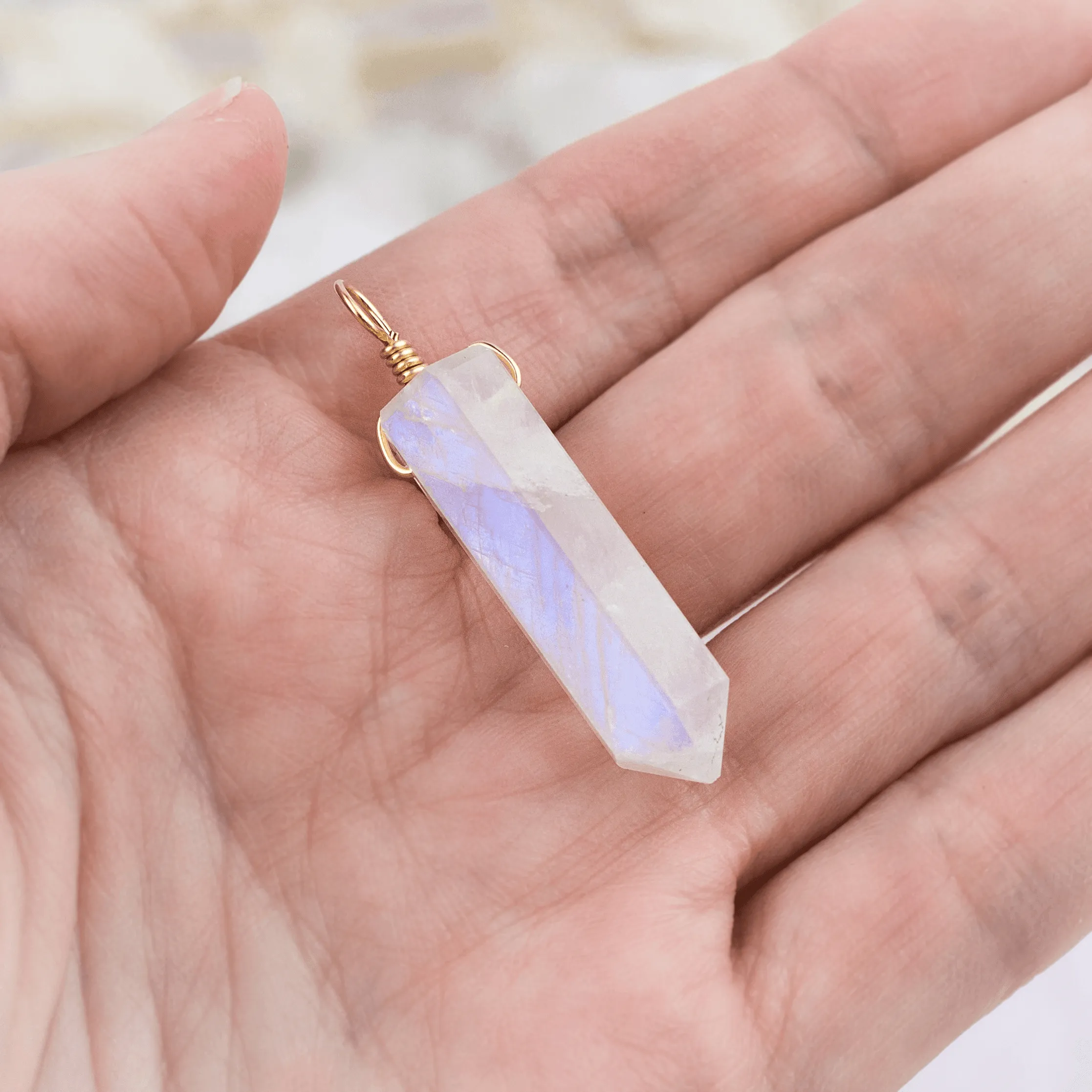Large Rainbow Moonstone Crystal Tower Point Generator Pendant