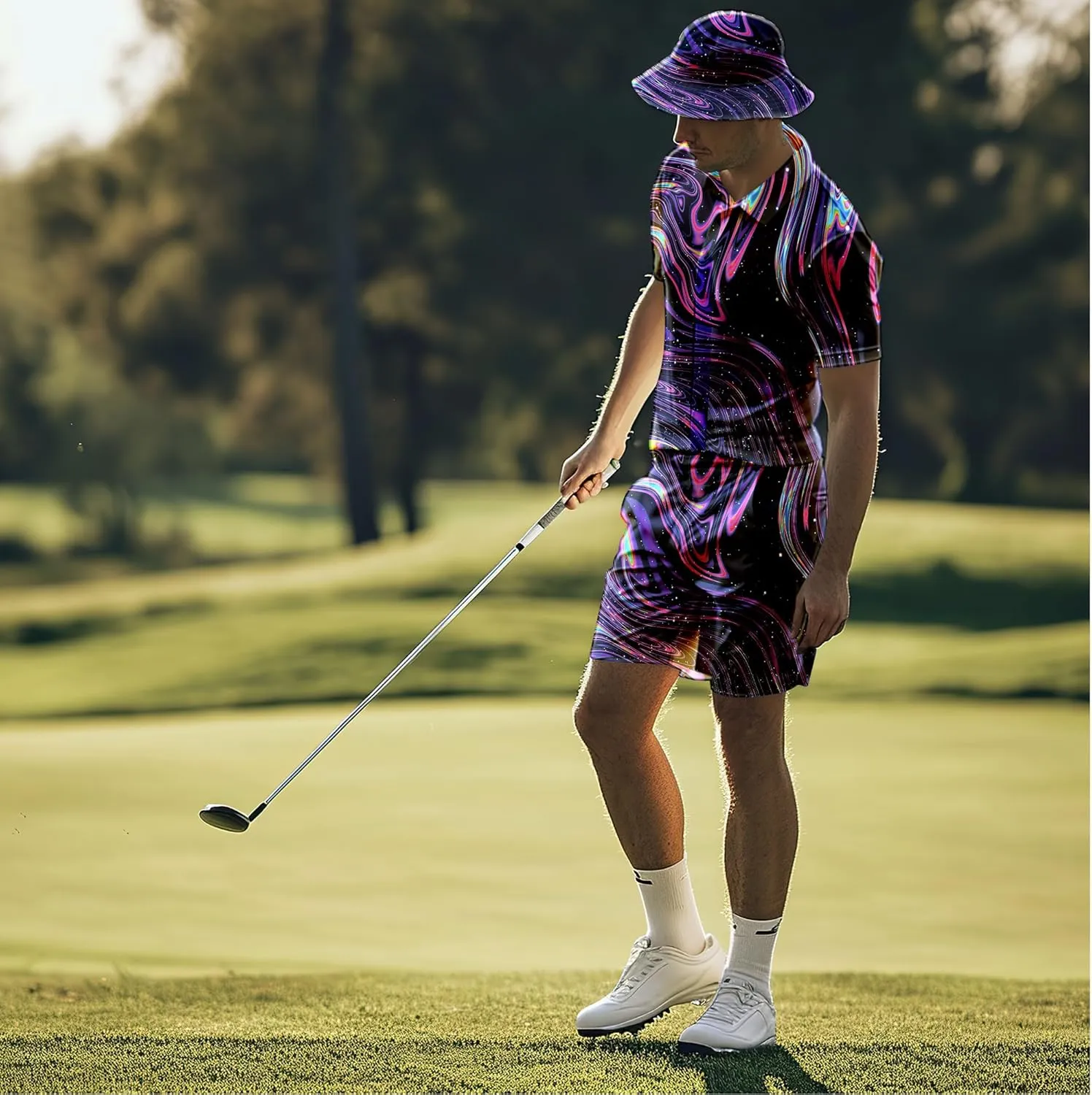 Men's 2 Piece Tracksuit 80s 90s Outfit Button Down 80s Shirts and Shorts Sets with Bucket Hats