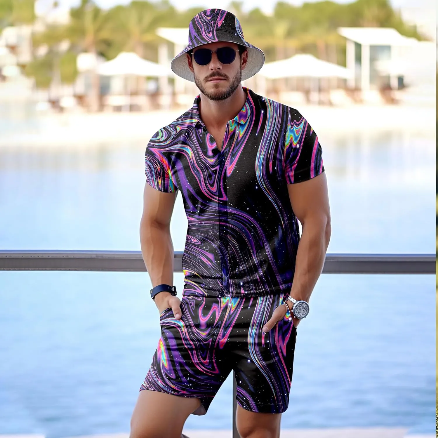 Men's 2 Piece Tracksuit 80s 90s Outfit Button Down 80s Shirts and Shorts Sets with Bucket Hats