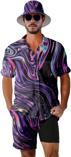 Men's 2 Piece Tracksuit 80s 90s Outfit Button Down 80s Shirts and Shorts Sets with Bucket Hats
