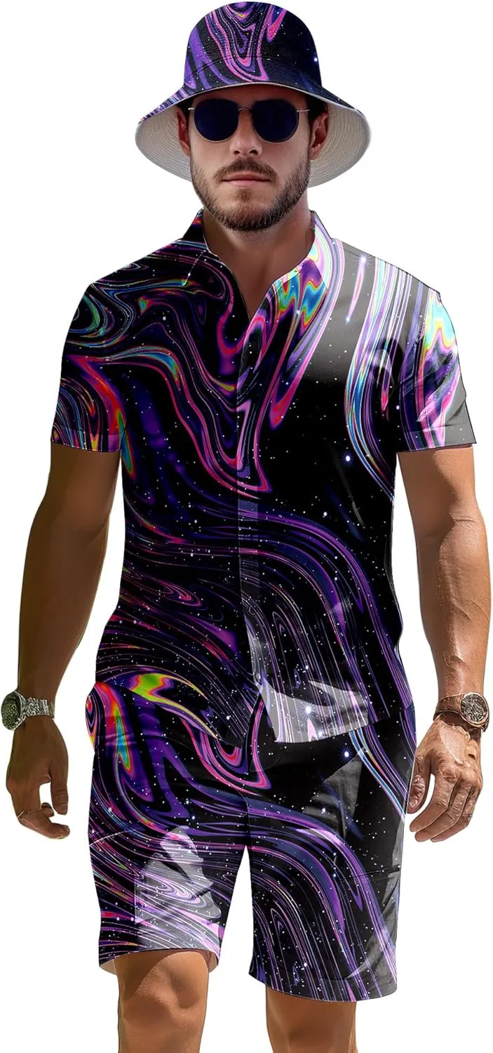 Men's 2 Piece Tracksuit 80s 90s Outfit Button Down 80s Shirts and Shorts Sets with Bucket Hats