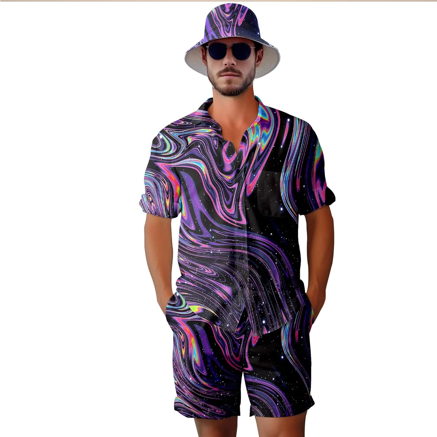 Men's 2 Piece Tracksuit 80s 90s Outfit Button Down 80s Shirts and Shorts Sets with Bucket Hats
