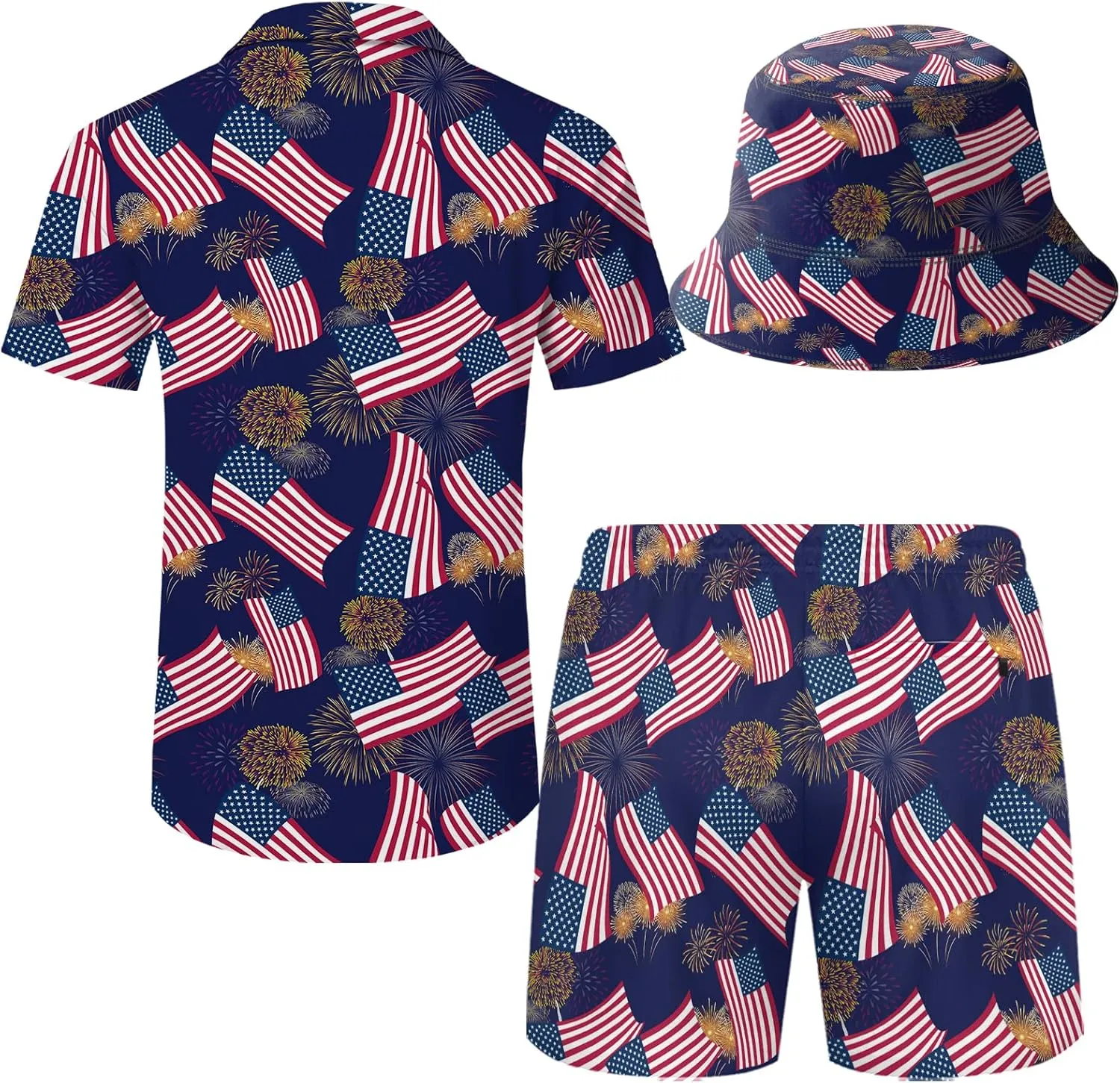 Men's Hawaiian Shirt and Shorts Set 2 Piece Beach Outfits with Bucket Hats for Beach Days and Summer Vibes